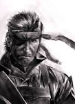  bad_id bandana bandanna big_boss eyepatch highres male metal_gear metal_gear_solid_3 monochrome naked_snake shouichi shouin solo 