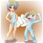  1girl blue_hair machop moemon open_mouth personification pokemon pokemon_(creature) pokemon_(game) pokemon_rgby red_eyes shoes tail tenjou_ryuka 