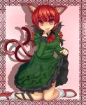  :p animal_ears braid cat_ears cat_tail dress dress_lift fukunaga_kazuhiro highres kaenbyou_rin red_eyes red_hair redhead solo tail tongue touhou 