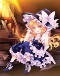  apron blonde_hair blush book braid chibi feathers gloves hands_on_hat hat inkwell kirisame_marisa open_mouth quill shinia shirt sitting skirt skirt_set solo table touhou white_gloves witch witch_hat yellow_eyes 