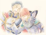  2boys armor blue_hair cape closed_eyes eliwood fire_emblem fire_emblem:_rekka_no_ken hector multiple_boys redhead 