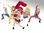  bad_id blonde_hair brown_eyes brown_hair choker gloves hair_ornament hairpin highres kakine_teitoku long_hair misaka_mikoto momoiro_tanuki mugino_shizuri pantyhose parody school_uniform shirt shokuhou_misaki skirt striped striped_shirt suzumiya_haruhi_no_yuuutsu thigh-highs thighhighs to_aru_majutsu_no_index uniform white_hair yellow_eyes yellow_legwear 