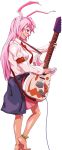  animal_ears anklet armband barefoot bunny_ears grin guitar instrument jewelry long_hair mask necktie pink_hair reisen_udongein_inaba skirt smile solo teeth touhou 