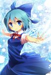  blue blue_eyes blue_hair bow cirno dress hair_bow ice ice_wings kohaku. neck_ribbon outstretched_arms ribbon short_hair smile solo touhou wings 