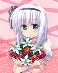  blue_eyes blush flower hair_ribbon konpaku_youmu ribbon silver_hair solo toshihiro touhou 