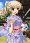  blonde_hair cloud floral_print green_eyes higa_yukari highres huge_filesize japanese_clothes kimono lily_strosek long_hair lyrical_nanoha mahou_senki_lyrical_nanoha_force mahou_shoujo_lyrical_nanoha open_mouth ponytail shaved_ice sky solo 