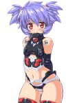  arms_behind_back bare_shoulders blue_hair blush busou_shinki dd_(artist) doll_joints midriff navel red_eyes solo thigh_gap thighs twintails 