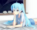  ahoge aqua_eyes aqua_hair bed blue_eyes blue_hair book denim hatsune_miku indoors kuroneko_shiro long_hair lying nail_polish on_back on_bed on_stomach reading solo t-shirt twintails very_long_hair vocaloid 