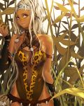  armlet bad_id bare_shoulders blonde_hair breasts center_opening cleavage dark_skin days earrings fangs fishnets fur gloves jewelry leaf leopard_print leotard lips long_hair navel original plant red_eyes solo tiara torn_clothes tribal 