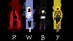  4girls black blake_belladonna boots capelet dress grey highres long_hair monochrome multiple_girls ponytail red ruby_(rwby) rwby silhouette skirt spot_color thothslibrary weiss_schnee white yang_xiao_long yellow 