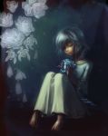  barefoot closed_eyes eyelashes eyes_closed feet flower frozen hebino_(snake_nest) highres ice petals pigeon-toed pigeon_toed rose short_hair silver_hair sitting solo thorns trickster 