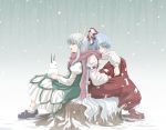  artist_request blue_hair bow dress ex-keine fujiwara_no_mokou green_hair hair_bow haniwa_(leaf_garden) horns kamishirasawa_keine leg_up long_hair multiple_girls pants red_eyes scarf shared_scarf shoes sitting snow snowing snowman suspenders touhou tree_stump 