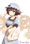  blue_eyes bow brown_hair bust collarbone dress eyebrows gears hat hat_bow highres light_smile shiina_mayuri shinoko short_hair smile solo steins;gate thick_eyebrows 