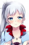  1girl blue_eyes blush dress earrings jewelry long_hair looking_at_viewer necklace ponytail rwby ryothae solo tagme weiss_schnee white_background 