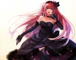  bare_shoulders black_dress blue_eyes bxyzic dress elbow_gloves flower gloves hair_flower hair_ornament hairband long_hair megurine_luka microphone open_mouth pink_hair singing smile solo thigh-highs thighhighs vocaloid zettai_ryouiki 