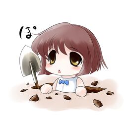  :&lt; bob_cut brown_eyes brown_hair chibi hagiwara_yukiho highres idolmaster shovel solo worktool yume_shokunin 