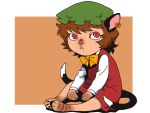  1girl animal_ears brown_hair cat_ears cat_tail chen earrings hat jewelry multiple_tails onikobe_rin red_eyes ribbon short_hair sitting solo tail touhou 