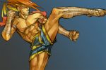 adon armlet bandage bandages fighting_stance headband mongkhon muscle pointy_hair red_hair redhead shorts simple_background solo standing_on_one_leg street_fighter tk_(hibatidori) 