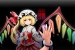  ascot bad_id blonde_hair chain chains cuffs flandre_scarlet full_moon hand_on_mirror hand_on_own_chest hand_to_chest handcuffs hands hat hat_ribbon madenka mirror moon red_eyes red_moon reflection ribbon sad short_hair side_ponytail skirt skirt_set solo the_embodiment_of_scarlet_devil touhou window wings 