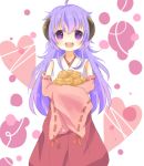  cream_puff detached_sleeves food hanyuu heart heart-shaped_pupils higurashi_no_naku_koro_ni horns japanese_clothes kasamina_marimo long_hair lowres miko open_mouth purple_eyes purple_hair smile symbol-shaped_pupils violet_eyes 