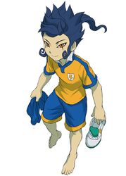  barefoot blue_hair inazuma_eleven inazuma_eleven_(series) inazuma_eleven_go lightning_bolt looking_up male raimon simple_background smile soccer_uniform solo tsurugi_kyousuke white_background yamamiya_hiroshi yellow_eyes 