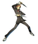  arc_system_works dual_wielding fighting_stance hanamura_yousuke headphones highres kunai male official_art persona persona_4 persona_4:_the_ultimate_in_mayonaka_arena red_hair redhead school_uniform soejima_shigenori solo weapon 