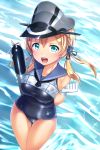  1girl aqua_eyes breasts gloves hat highres kantai_collection large_breasts long_hair open_mouth prinz_eugen_(kantai_collection) satou_kuuki school_swimsuit shiny solo swimsuit twintails water wet 