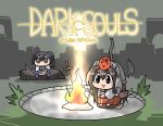  2girls akagi_(kantai_collection) bow_(weapon) campfire chibi dark_souls helmet kaga_(kantai_collection) kakuzatou_(koruneriusu) kantai_collection multiple_girls parody quiver side_ponytail souls_(from_software) weapon 