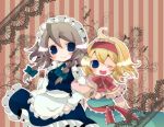  2girls alice_margatroid arm_holding blonde_hair blue_eyes bow_tie hair_ribbon harusan headband izayoi_sakuya maid maid_headdress multiple_girls open_mouth silver_hair smile touhou twin_braids wink 