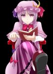  bow capelet chair crescent crossed_legs hair_ribbon hat legs_crossed long_hair mary_janes mattari_yufi patchouli_knowledge purple purple_eyes purple_hair ribbon shoes simple_background sitting touhou violet_eyes 