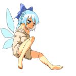  alternate_costume bare_shoulders barefoot between_legs blue_eyes blue_hair blush bottomless bow cirno covering covering_crotch face feet hair_bow hand_between_legs hota naked_sweater no_pants off_shoulder simple_background sitting solo sweater touhou v_arms wavy_mouth white_background wings 