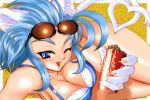  artist_request bikini blue_eyes blue_hair breasts can capcom cat_ears cat_tail cleavage coca-cola fangs felicia heart heart_tail lying on_side open_mouth paws slit_pupils solo source_request sunglasses sunglasses_on_head swimsuit tail vampire_(game) wink 