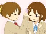  brown_eyes brown_hair closed_eyes dandelion eyes_closed flower hair_flower hair_ornament happy hirasawa_ui hirasawa_yui k-on! kakari_(peehs) peehs76 ponytail school_uniform short_hair siblings sisters smile sweater wink 