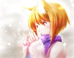  animal_ears blonde_hair blowing dearmybrothers fox_ears hands_to_mouth no_hat no_headwear open_mouth scarf short_hair snowing solo touhou yakumo_ran yellow_eyes 