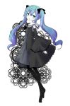  blue_eyes blue_hair detached_sleeves fuguno hatsune_miku highres no_shoes open_mouth pantyhose solo twintails vocaloid 