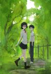  1girl black_eyes black_hair black_legwear fence footwear forest glasses nature open_mouth original pleated_skirt school_uniform short_hair skirt smile socks standing toi8 tree walking 