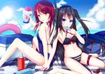  bag beach bikini black_hair blue_eyes cooler innertube iphone kazeoto_kirito licking long_hair mouth_hold multiple_girls one-piece_swimsuit original phone popsicle red_hair redhead shaved_ice swimsuit thermos twintails yellow_eyes 