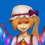  ascot blonde_hair bow bust close-up disriv fangs flandre_scarlet glowing glowing_eyes grin hat hat_bow open_mouth red_eyes short_hair side_ponytail simple_background smile solo star star-shaped_pupils symbol-shaped_pupils the_embodiment_of_scarlet_devil touhou wings 