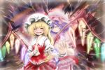 ascot bad_id bat_wings blonde_hair blush broken_mirror closed_eyes eyes_closed flandre_scarlet glowing glowing_wings hand_holding hand_on_own_chest hand_to_chest happy hat hat_ribbon holding_hands interlocked_fingers lavender_hair long_hair madenka multiple_girls open_mouth remilia_scarlet ribbon short_hair siblings sisters skirt skirt_set smile touhou wings wrist_cuffs 