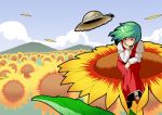  cloud dress flower green_hair hand_on_face hand_on_own_face hat kazami_yuuka red_eyes roah sitting smile solo straw_hat sunflower touhou youkai 