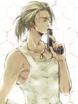  11mochi15 blonde_hair brown_hair closed_eyes end_of_eternity gun jewelry kiss male mochiko_(papillio) muscle necklace ponytail tank_top vashyron weapon 
