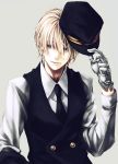  blonde_hair blue_eyes gloves hat komashiro male necktie original simple_background smile solo uniform 