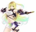 bare_shoulders blonde_hair elbow_gloves gloves gradient_hair long_hair midriff milla_maxwell miniskirt multicolored_hair navel nidoro open_mouth pose purple_eyes scabbard sheath simple_background skirt solo sword tales_of_(series) tales_of_xillia thigh_strap tubetop violet_eyes weapon 