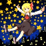  ascot blonde_hair cityscape hair_ribbon night night_sky open_mouth outstretched_arms red_eyes ribbon rumia short_hair skirt sky smile solo spread_arms star the_embodiment_of_scarlet_devil tksymkw touhou tsurukou_(tksymkw) youkai 