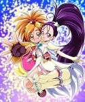  2girls :d arm_around_waist black_gloves boots bow brown_eyes brown_hair cure_bloom cure_egret dress earrings fingerless_gloves foreshortening futari_wa_precure_splash_star gloves hair_ribbon hairband happy heart highres hyuuga_saki jewelry long_hair magical_girl mishou_mai multiple_girls open_mouth ponytail precure purple_eyes purple_hair ribbon ruffles santoo_takeshi smile violet_eyes 