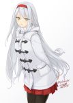  1girl alternate_costume arms_behind_back casual coat hairband kantai_collection long_hair pantyhose rokuwata_tomoe shoukaku_(kantai_collection) silver_hair simple_background skirt solo standing white_background winter_clothes winter_coat yellow_eyes 