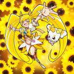  arms_up blonde_hair boots bow brooch creature cure_sunshine dress flower hair_ribbon happy heart heartcatch_precure! jewelry long_hair magical_girl midriff myoudouin_itsuki navel open_mouth potpourri_(heartcatch_precure!) precure ribbon santoo_takeshi smile sunflower twintails wrist_cuffs yellow yellow_eyes 
