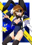  blue_eyes bowtie breasts brown_hair bunny_ears bunny_tail bunnysuit chirorian cleavage detached_collar jacket lyrical_nanoha mahou_shoujo_lyrical_nanoha mahou_shoujo_lyrical_nanoha_strikers short_hair star tail thigh-highs thighhighs wink yagami_hayate 