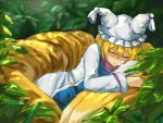  bad_id blonde_hair closed_eyes eyes_closed fox_tail hat jenny_(151) multiple_tails outdoors short_hair sleeping solo tail touhou yakumo_ran 