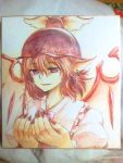  bad_id bust claws colored_pencil_(medium) earrings fingernails hat jewelry light_smile long_fingernails mystia_lorelei nail_polish photo pink_eyes pink_hair shikishi shirane_koitsu short_hair syouji-fascism touhou traditional_media wings 